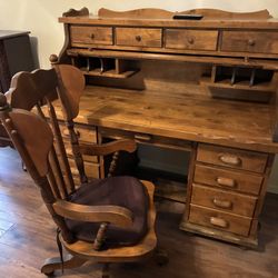 Oak Roll Top Desk With Chair