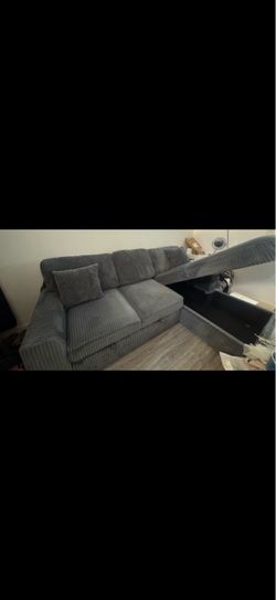 Gray Corduroy Sectional Sofa with Pull-Out Bed & Storage
