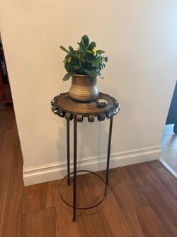 Round Metal and Rattan Plant Stand