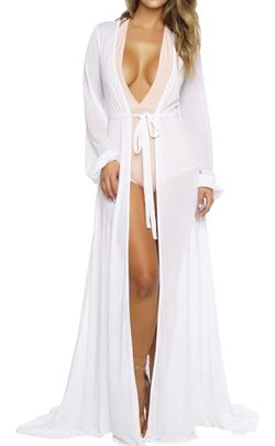 Size small white  Long Sleeve Flowy Maxi Tie Front Robe Cover Up Kimono Cardigan