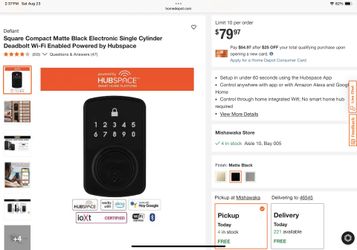 Square Compact Matte Black Electronic Single Cylinder Deadbolt Wi-Fi Enabled Powered by Hubspace