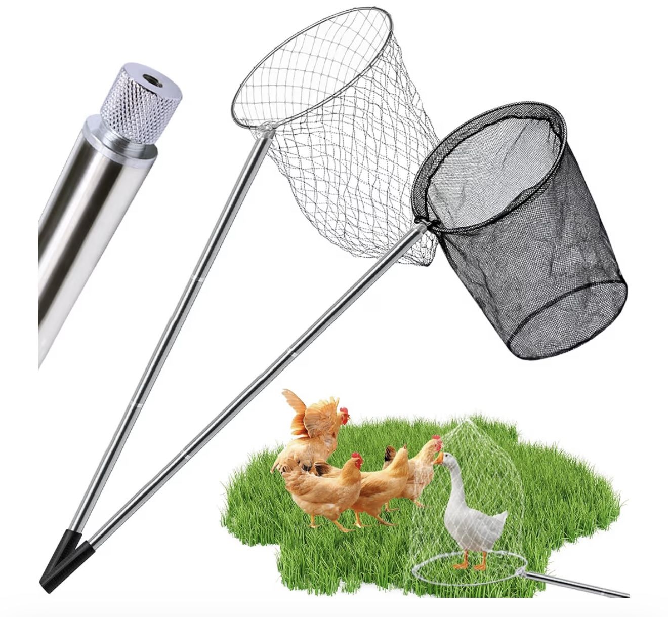 2 Packs Chicken Catching Net Extra Thick 5.25 FT Poultry Fishing Net Extendable Landing Animal Catcher for Bird, Chicken, Goose, Ducks, Fish, Cat(2 Ne