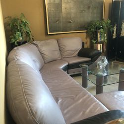 Italian Leather Black And Gray Art Deco Couch 
