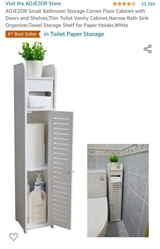 Small Bathroom Storage Corner Floor Cabinet with Doors and Shelves,Thin Toilet Vanity Cabinet,Narrow Bath Sink Organizer,Towel Storage Shelf for Paper