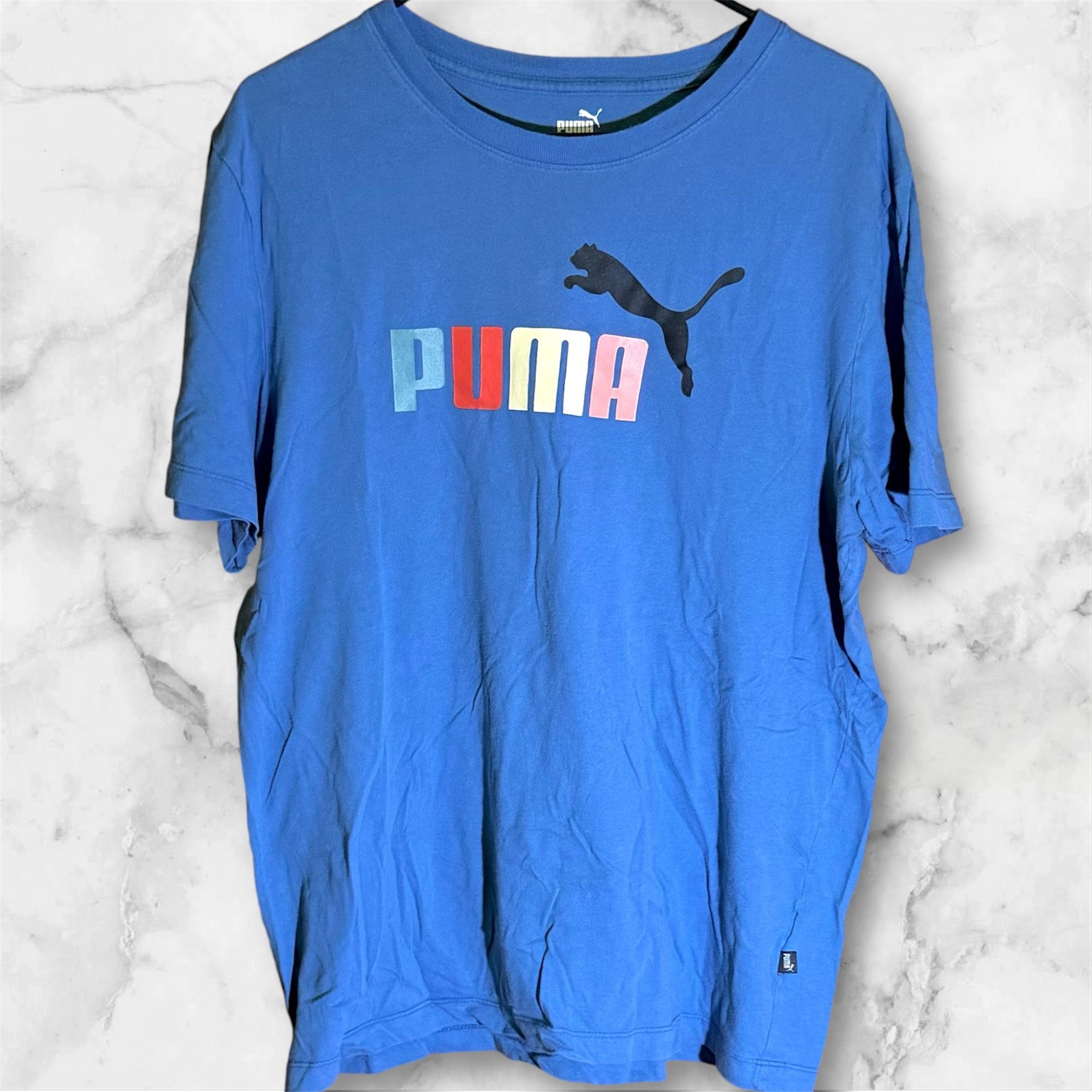 Puma T-shirt Blue & Colorful Puma Logo Size L Large