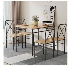 5-Piece Kitchen Dining Table Set, Wood Tabletop & Heavy-Duty Metel Frame, Rectangle Dinette with 4 Chairs for Small Space, Breakfast Nook, Natural