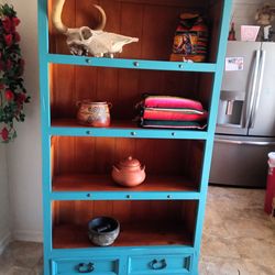 Turquoise rustic wood shelf display w/2 drawers