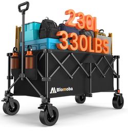 Collapsible Wagon Cart, 330LBS Heavy Duty Folding Cart with Wheels 360° Rotation, Built-in Brakes, Flexible Handle, Portable Utility Wagon for Grocery