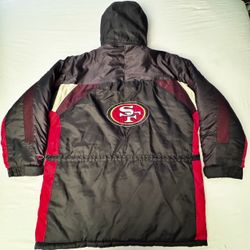 Vintage San Francisco 49ers Pro Player Hooded Long Jacket Size Large Embroidered Patches