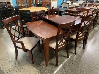SIAMTHANEE FURNITURE Solid Wooden Extendable Dining Set w/ 6 Lattice Back Chairs