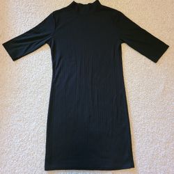 Leadingstar Bodycon Black Dress (Size Small/Short Sleeve/Mock Neck/Ribbed Knit)