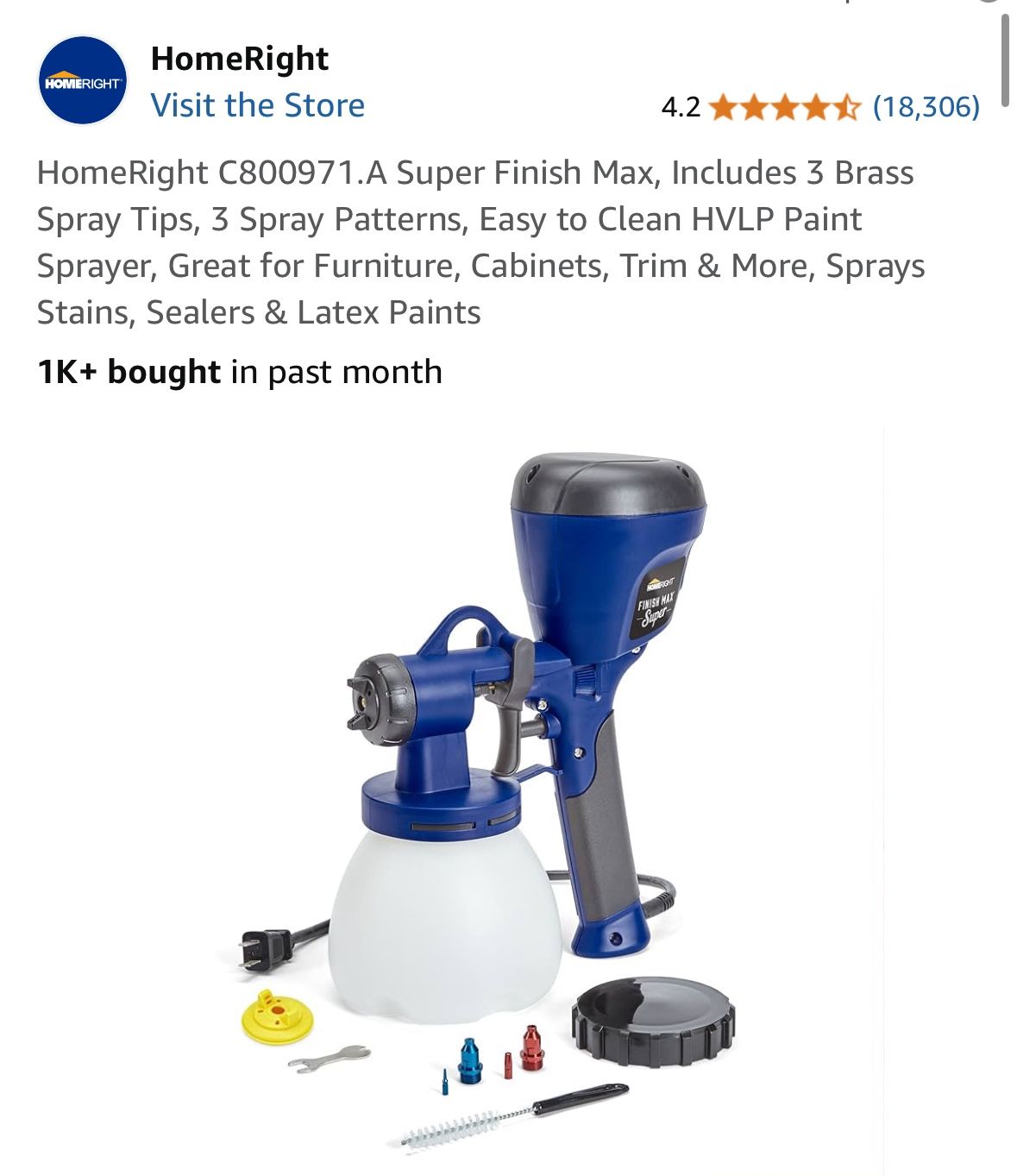 HomeRight C800971.A Super Finish Max, Includes 3 Brass Spray Tips, 3 Spray Patterns, Easy to Clean HVLP Paint Sprayer, Great for Furniture, Cabinets,