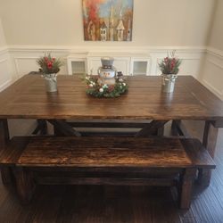 Farm style table, and two benches 
