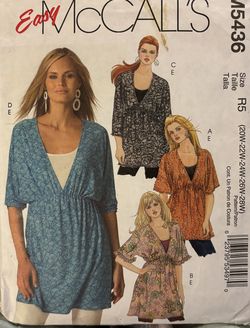 McCall's M5436 Loose Style Tops Easy  Sizes 20W-28W Pre Owned Complete