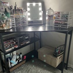 Vanity Corner Desk With Outlets- Black Rustic