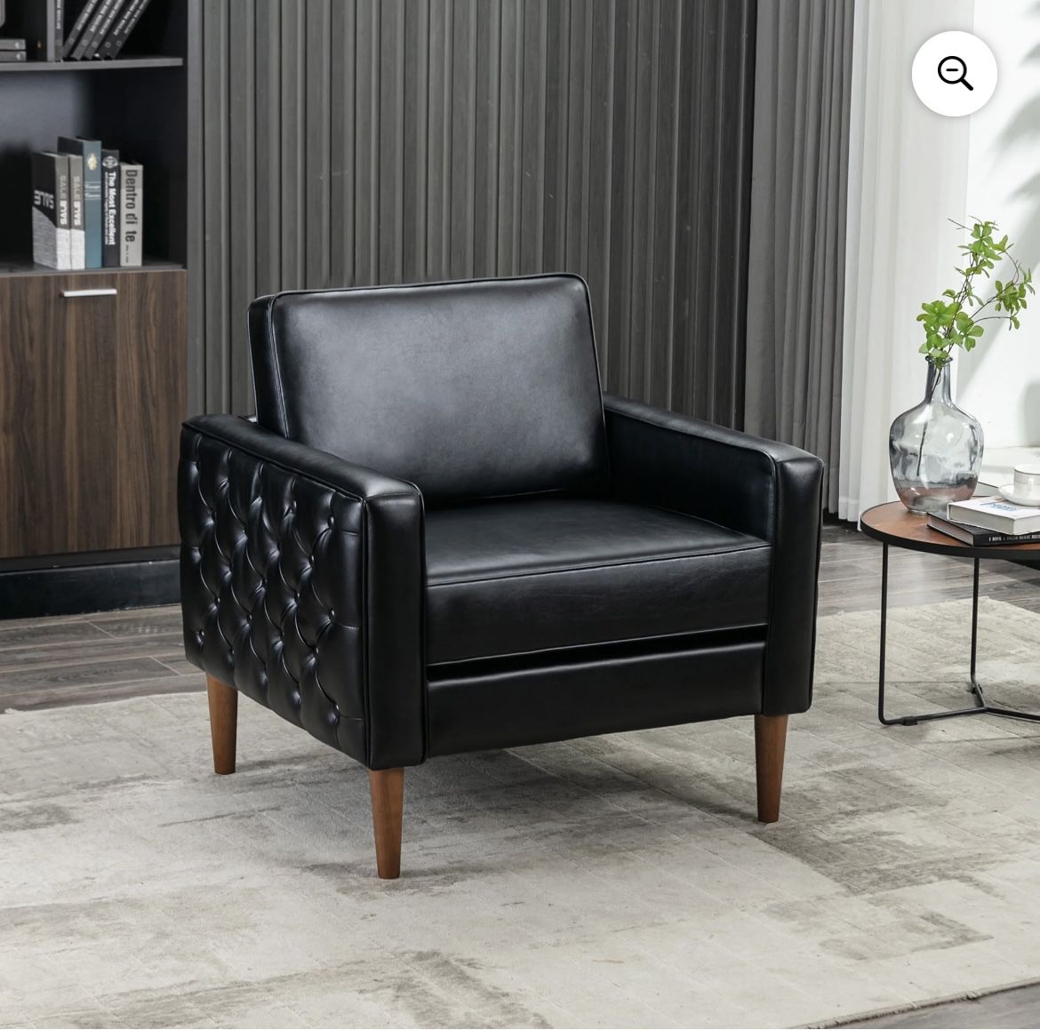 Accent Chair, Modern PU Leather Single Sofa Chair with Wood Legs, Comfy Upholstered Armchair Reading Club Chair for Living Room Bedroom Office, Black