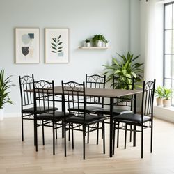 Homy Casa Norseman 7 Piece Dining Table Set 55” Table with 6 Chairs in Walnut