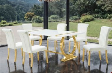 Brand New White & Gold 7pc Formal Dining Table Set