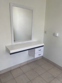 Beauty salon mirror and station, cabinet, drawers, equipment