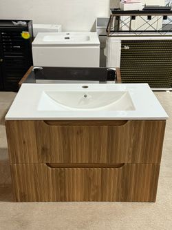 30 in. W Floating Wall Mounted Bath Vanity in Walnut with White Ceramic Top and U-shaped Drawers(Brown)  💰260$