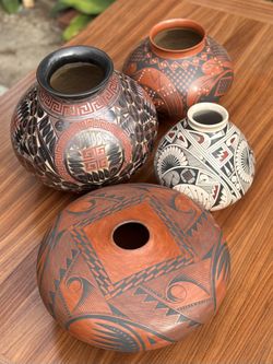 Set of 4 Vintage Hand Painted Pottery Vases – Artist Signed Southwest