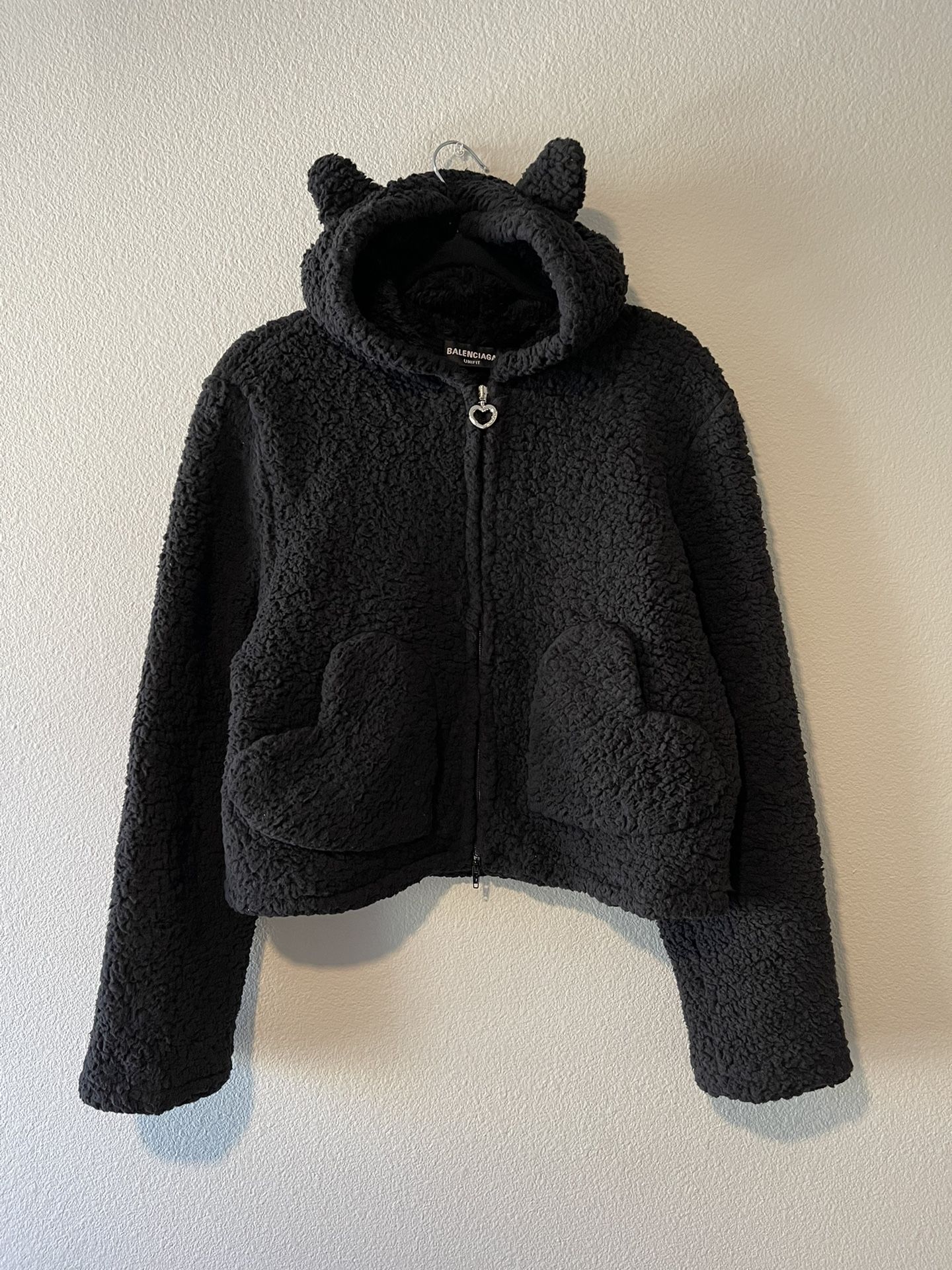 Balenciaga Softwear Heart Zip-Up Sherpa Fleece Cropped Hoodie