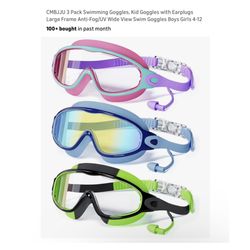 Brand new  3 Pack Swimming Goggles, Kid Goggles with Earplugs Large Frame Anti-Fog/UV Wide View Swim Goggles Boys Girls 4-12  Whitestone/Flushing, Que