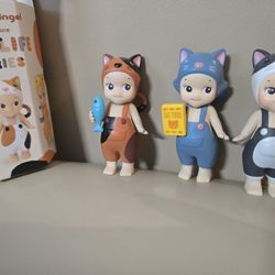 Lot Of 3 Sonny Angel Cat Life Series Tuxedo Bluish Gray Food Black And Brown Caught Fish Toy Decor 