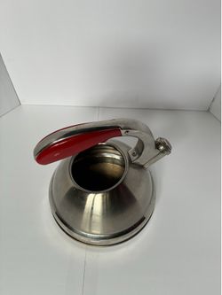 Mr Coffee Collins Brook 2.4 Quart stainless steel tea kettle with a red handle