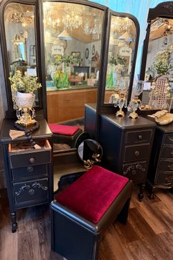 Gorgeous Black Antique Vanity w/ Drop Down Center & Tri Fold Mirror
