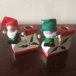 Vtg 2  Hand Painted Wood Candle Holders Elf Chenille Beard