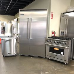  Viking 5 Series Stainless Steel Kitchen Bundle Set Viking 48” Built In Refrigerator Viking 36” Stainless Steel Gas Range Stove Viking Dishwasher 