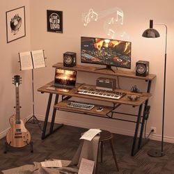 armocity 47'' Music Studio Desk with Power Outlet, Studio Desk for Music Production, Recording Studio Desk for Producer, Studio Workstation Desk for M