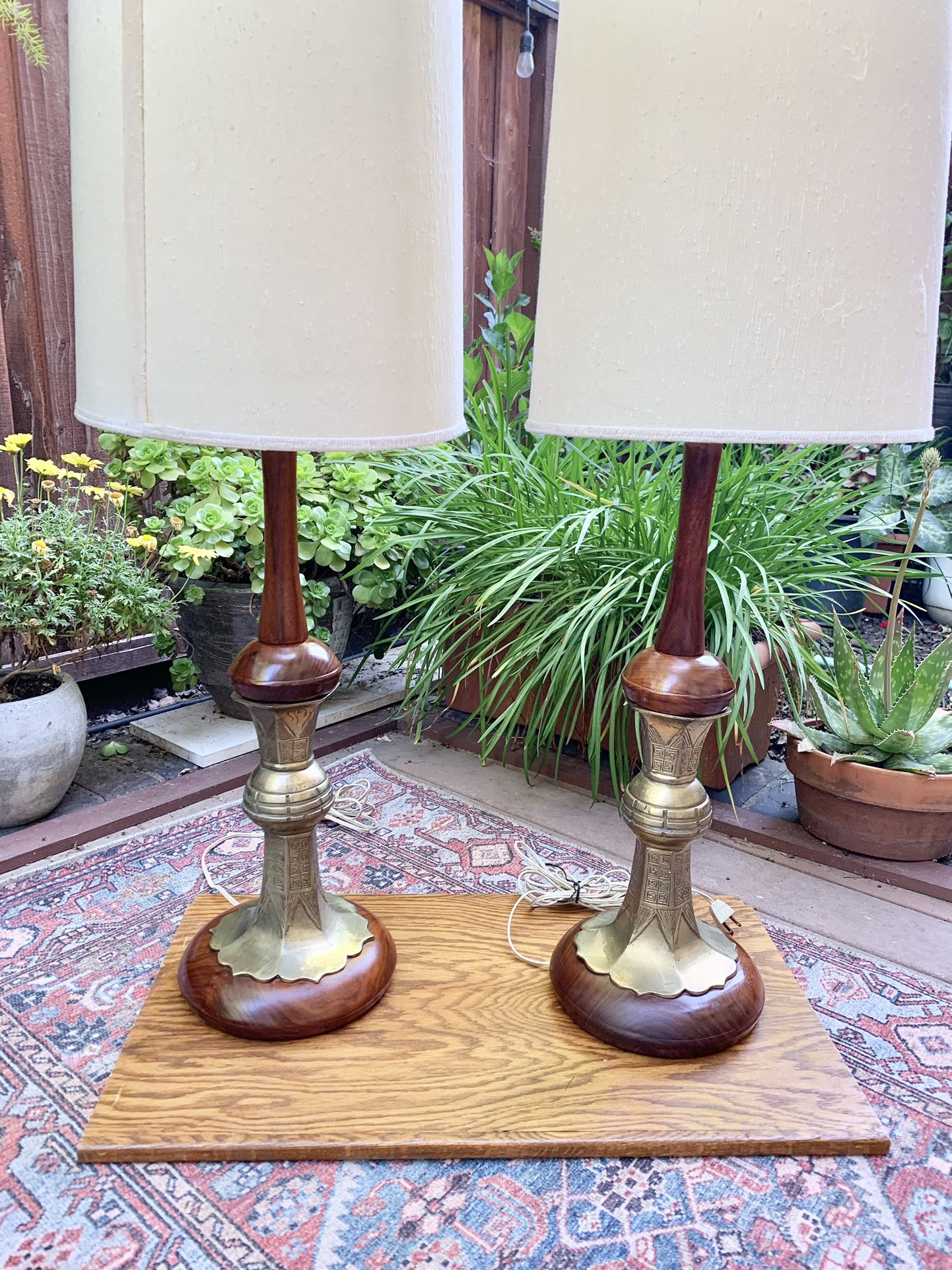 Mid Century Walnut Brass Lamps