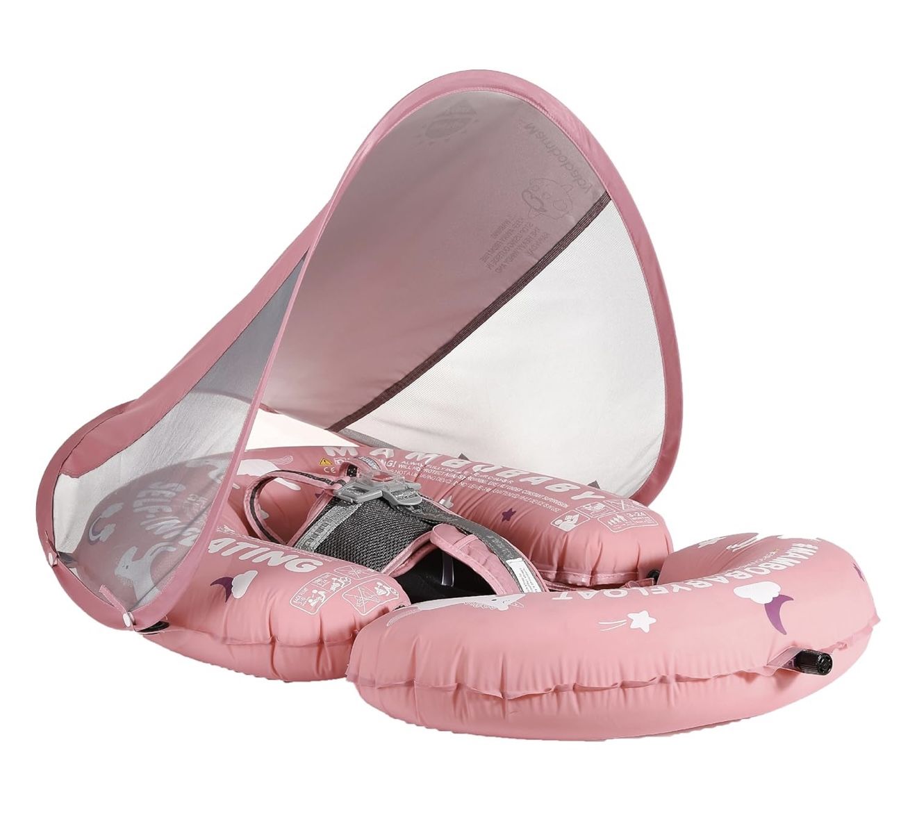 Mambobaby Float Baby Pool Float with Canopy & Tail Portable Baby Float Self-Inflating Compressible Folding Floating Bed Packable 3 To 24 Month