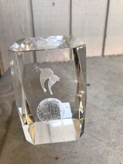 Crystal paper weight with 3D laser edged dolphins and globe