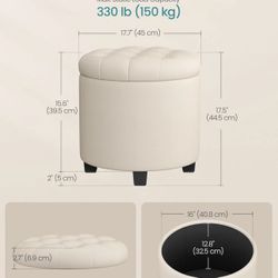 SONGMICS Round Ottoman with Storage Foot Rest w/ Legs - Light Beige