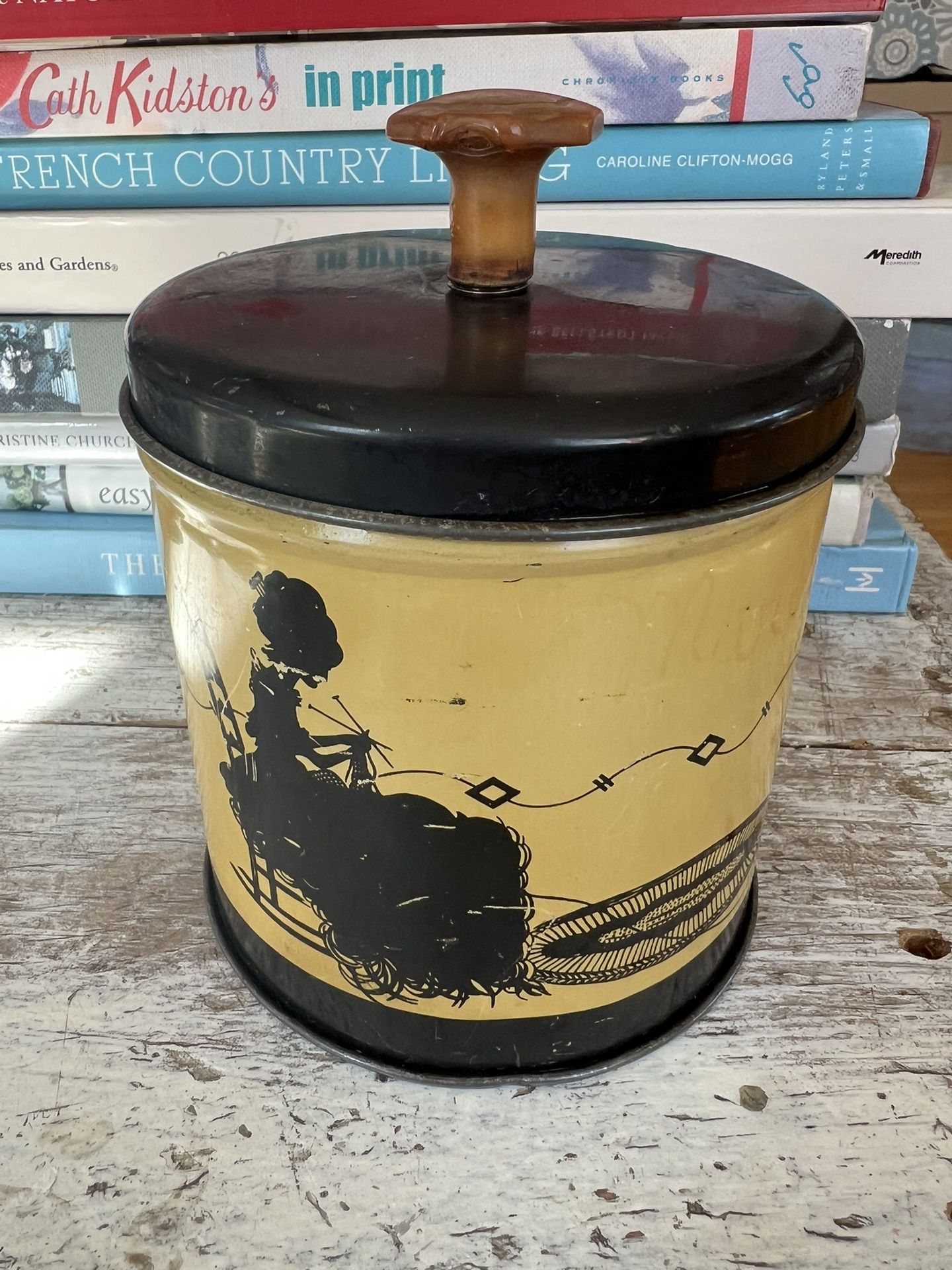 MCM Vintage Tin Yarn String Holder Lady Silhouette Knitting with Playing Cat Yarn Rocking Chair