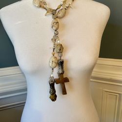 Long Necklace Quarts, Pearls, Wood And Silver Beads “The Yard”