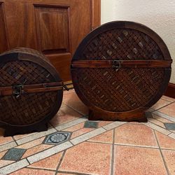 TWO Brown Wicker Closed Round Decorative Storage Bins with Bronze Details Handwoven, Rattan Treasure Chest  In great condition.