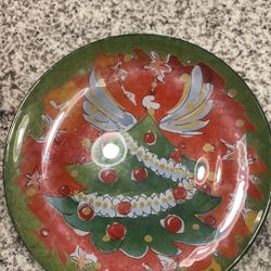 Christmas Tree with angel wings plate 12.5 inches hand painted stained glass
