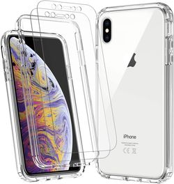 iPhone Xs Max Case with [2 x Tempered Glass Screen Protector] Clear 360 Full Body Coverage Silicone [Military Protective] Shockproof Phone Cover for