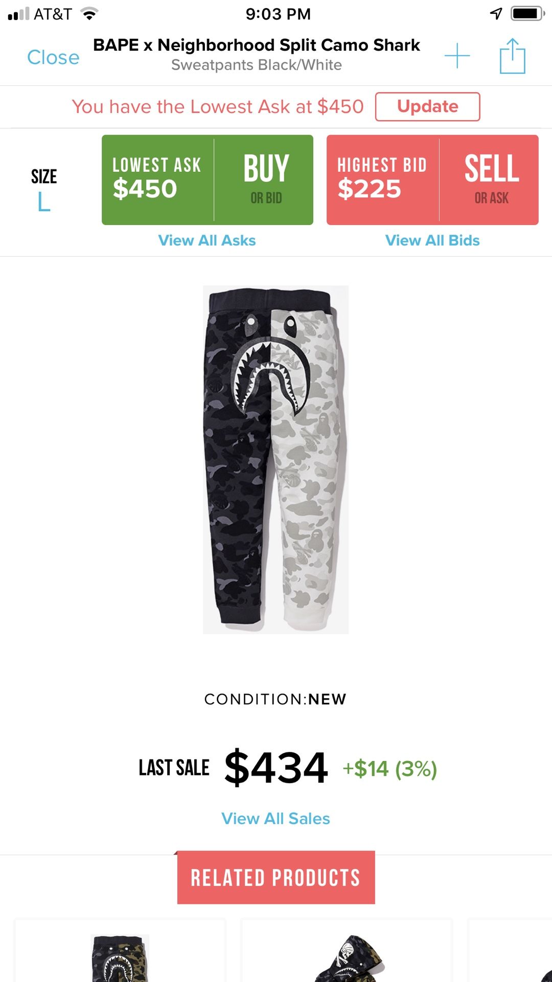 Bape x neighborhood split camo shark sweat pants Sz L DSWT