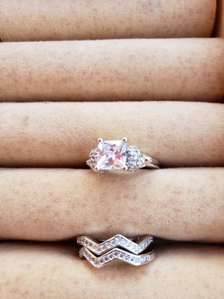Woman Zirconia & Silver Wedding RinSets, Size 9,