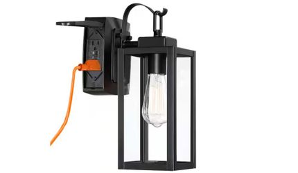 Uixe 1-Light Matte Black Light Outdoor Wall Lantern Sconce with Built-In GFCI Outlets