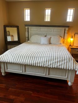 King Size Headboard and Frame Distressed White Wood/farmhouse style