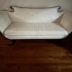 White Leather sofa Dark Wood Trim 