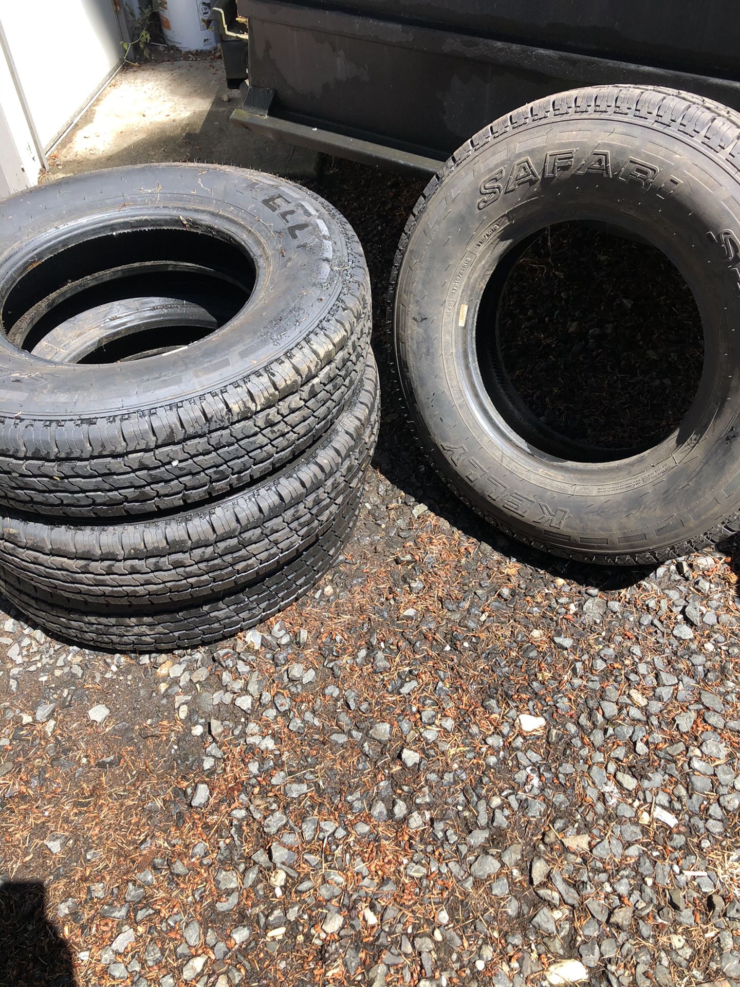 Kelly safari heavy duty 16” light truck/trailer tires weight rating 2335lb per tire. Less than 100 miles on them. They’ve been stored in our shop.