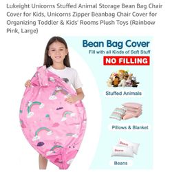 Lukeight Unicorns Stuffed Animal Storage Bean Bag Chair Cover for Kids, Unicorns Zipper Beanbag Chair Cover for Organizing Toddler & Kids' Rooms Plush