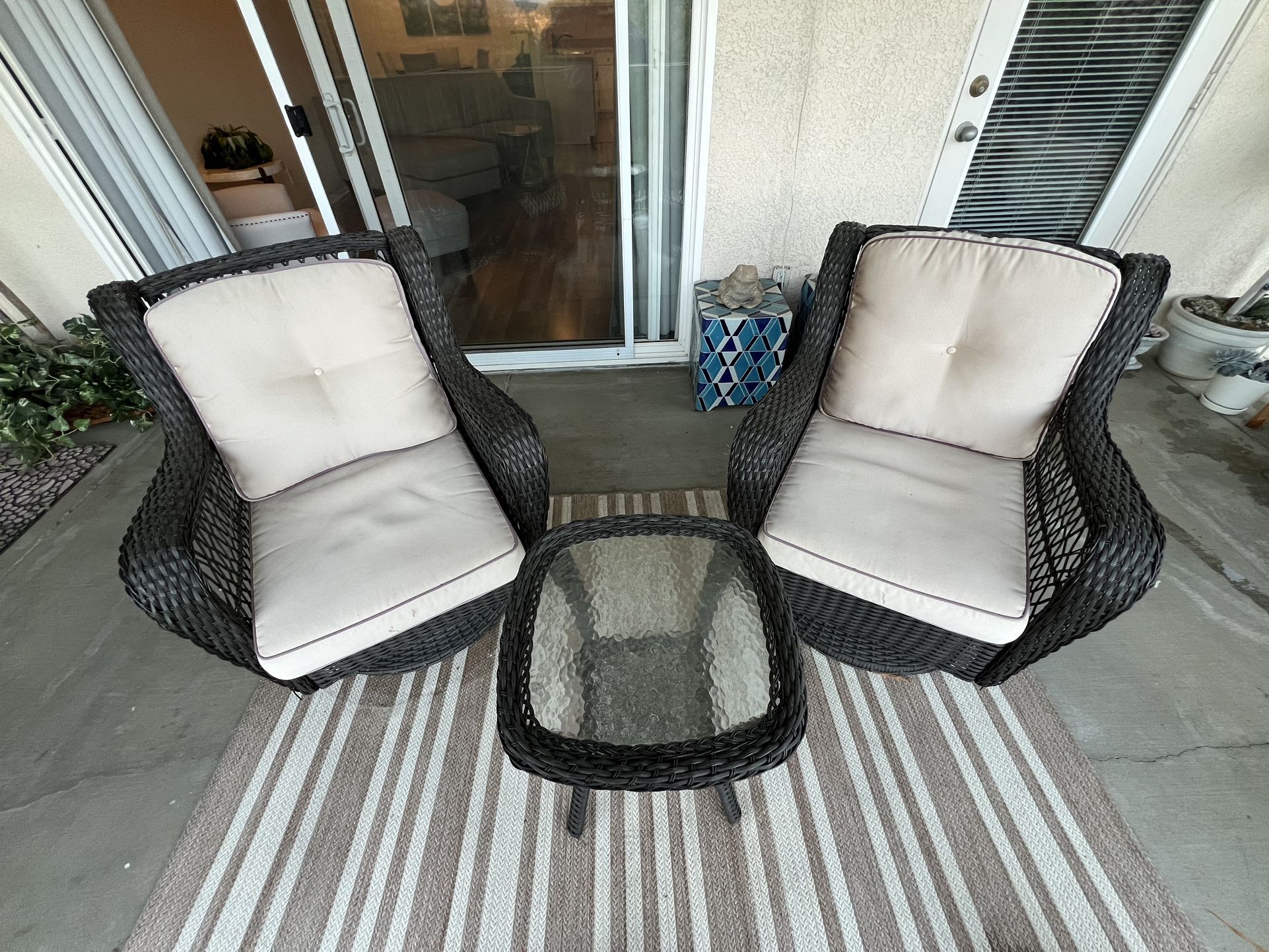 Wicker Rocking Patio Chairs With Cushions Plus Glass Table